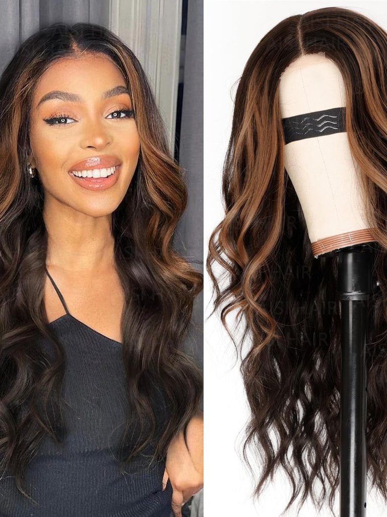Dark Brown With Highlights Wig For Women, Long Wavy Lace Hairline Middle Part Sy